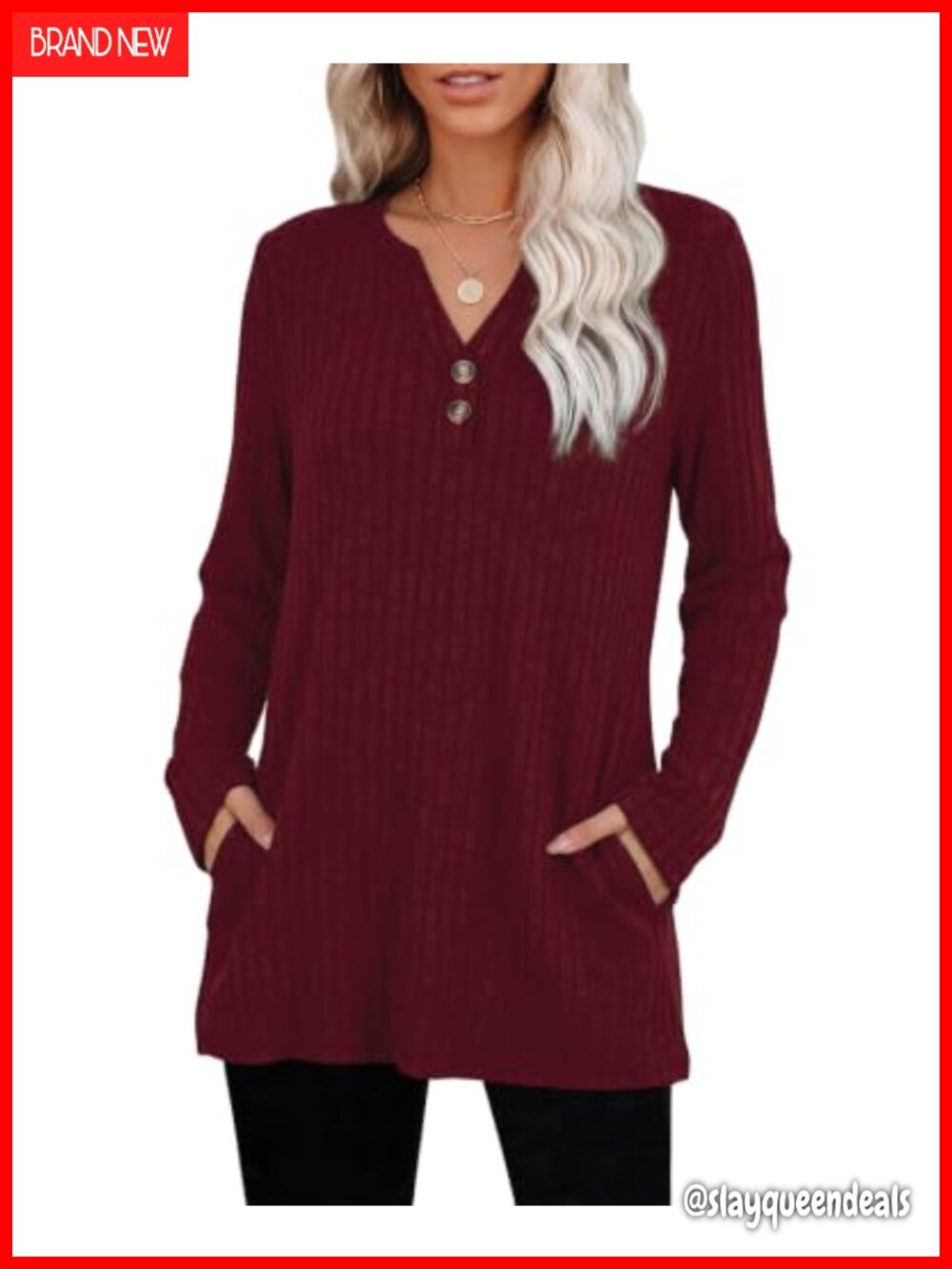 Long Sleeve Tunic Top with Pockets Loose Fit V-Neck Womens Fall Winter